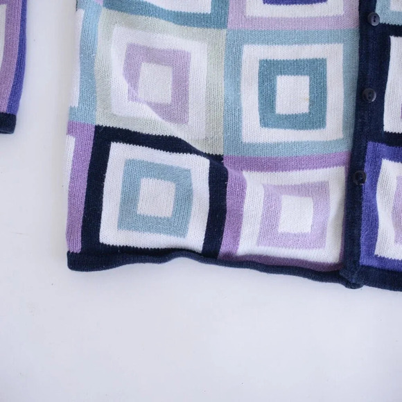 Vintage Talbots Navy Purple Geometric Squares Button Up Cardigan Sweater L - Picture 7 of 10